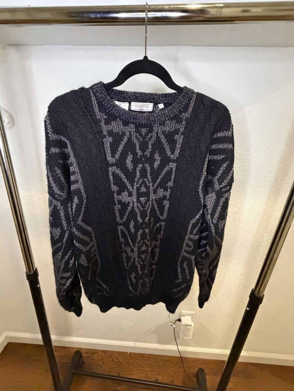 Bugatchi Uomo Sweater Mens Large Black Gray Geometric Knit Crewneck Wool Blend